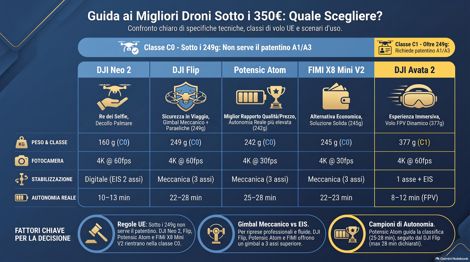 Tabella infografica comparativa droni sotto i 350 euro: confronto specifiche DJI Neo 2, DJI Flip, Potensic Atom, FIMI X8 Mini V2 e DJI Avata 2