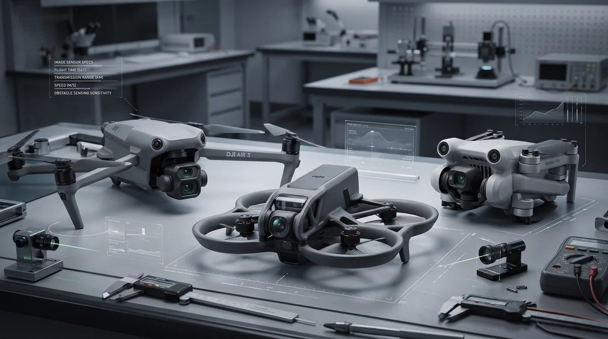 Confronto tecnico in laboratorio tra DJI Air 3, DJI Avata 2 e DJI Mini 4 Pro su banco di prova ProGearsLab