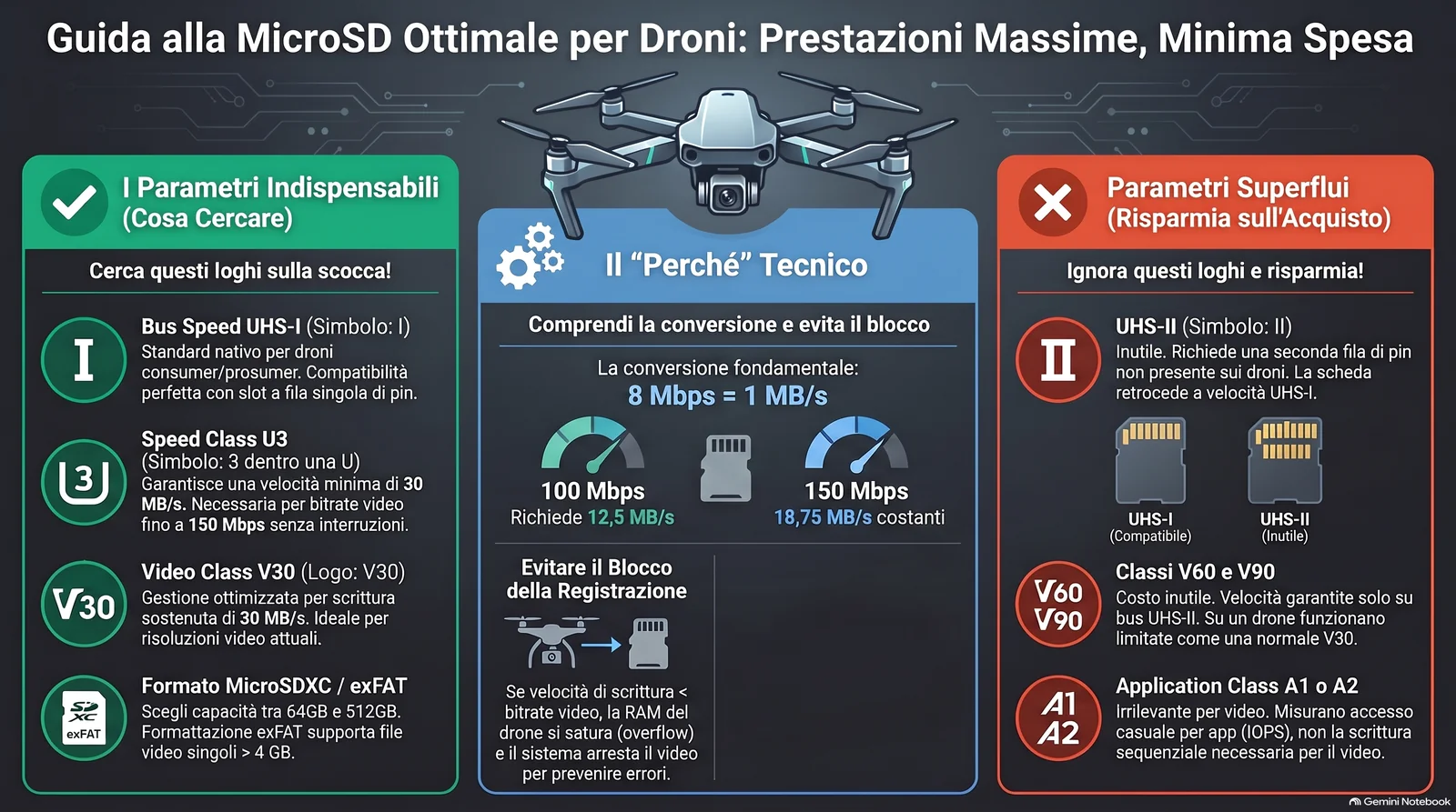 Infografica tecnica con la guida all'acquisto di MicroSD per droni: classi di velocità V30, U3, bus UHS-I e decodifica delle sigle