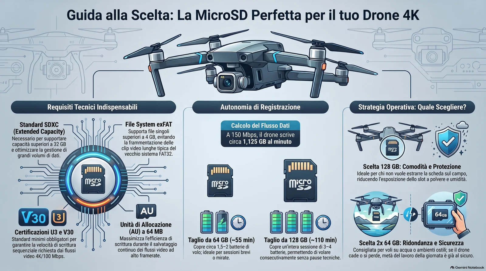 Infografica comparativa tra schede MicroSD da 64 GB e 128 GB per riprese video 4K su droni DJI: autonomia, bitrate e gestione del rischio