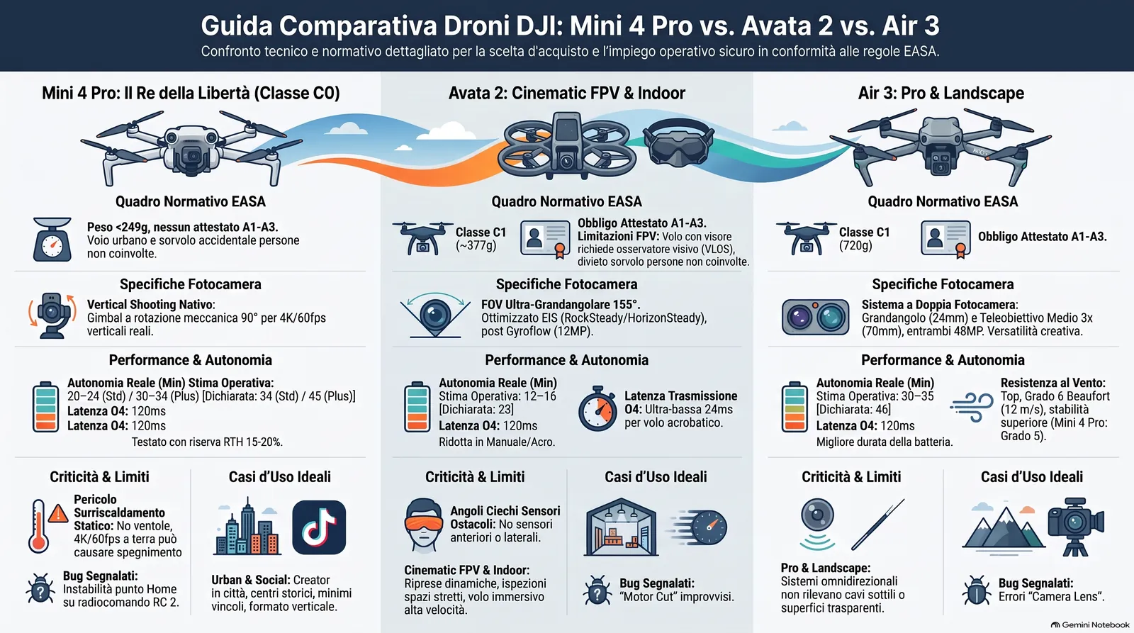 Infografica comparativa tecnica e normativa EASA tra DJI Mini 4 Pro, DJI Avata 2 e DJI Air 3