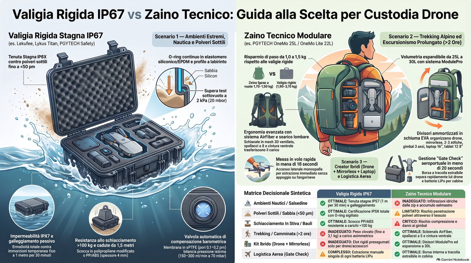Infografica decisionale per la scelta tra valigia rigida impermeabile IP67 e zaino tecnico per drone