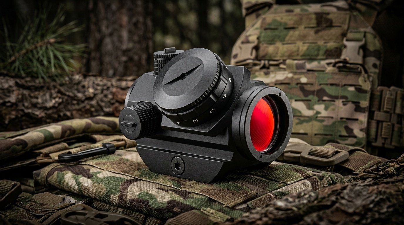 Micro red dot Feyachi RDS-22 con punto rosso da 2 MOA su sfondo tattico outdoor mimetico