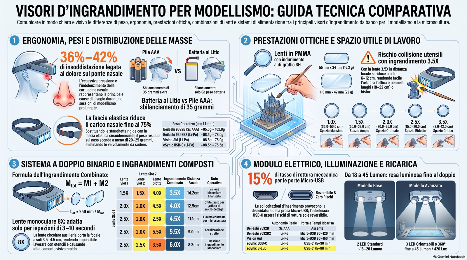 Infografica comparativa sui visori d'ingrandimento per modellismo: pesi, lenti, batterie ed ergonomia