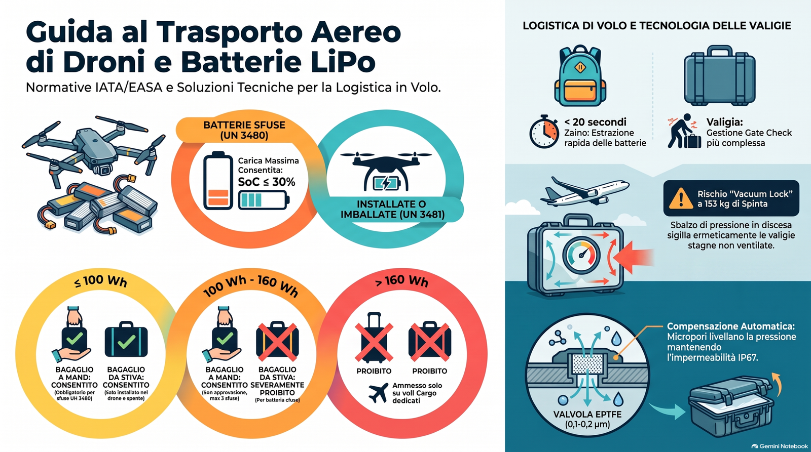 Infografica tecnica normativa IATA ed EASA sul trasporto aereo di batterie LiPo per droni e rischio gate check