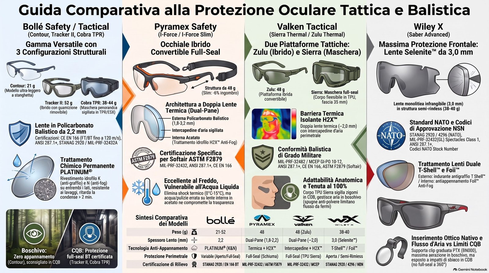 Infografica comparativa protezioni oculari per softair: matrice certificazioni EN 166, ANSI Z87.1, MIL-PRF e confronto modelli Bollé, Pyramex, Valken e Wiley X