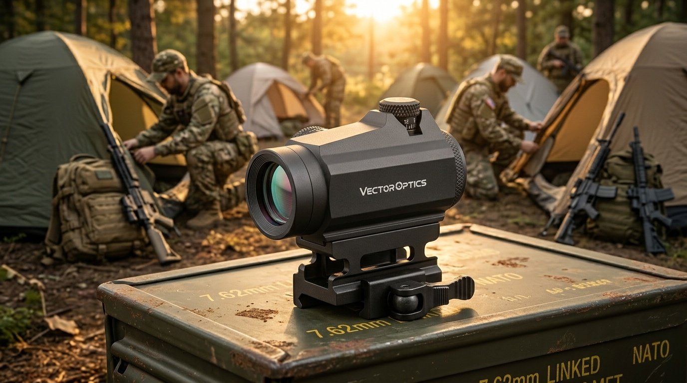Collimatore punto rosso Vector Optics Maverick 1x22 su cassa munizioni in campo softair al tramonto