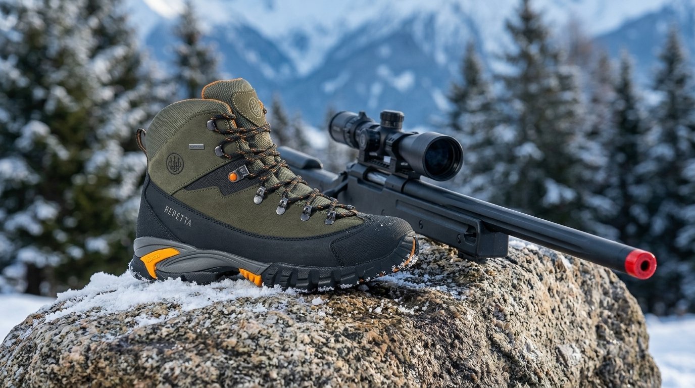Scarpone Beretta Setter GTX Brown posato su un masso innevato in ambiente montano invernale con replica da cecchino softair dotata di tappo rosso