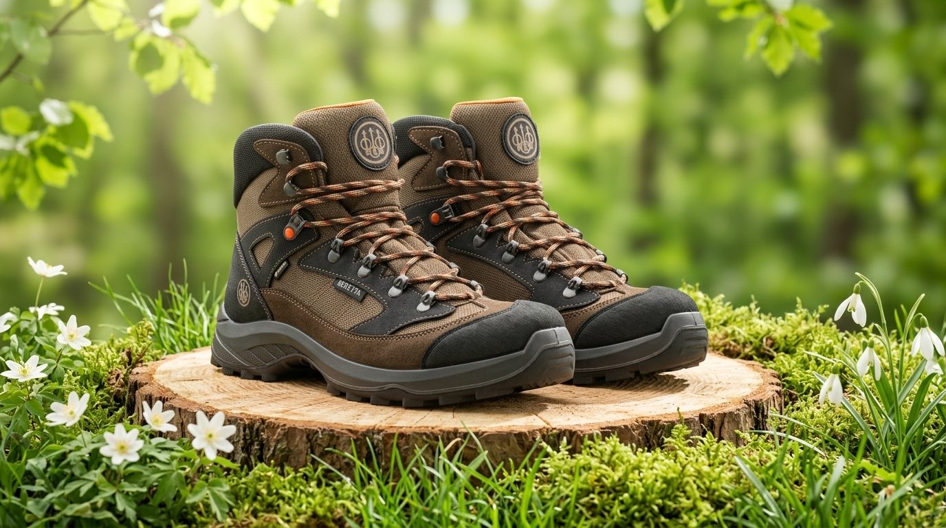 Scarpone Beretta Terrier GTX marrone posato su un tronco tagliato in ambiente boschivo primaverile con erba fresca e fiori bianchi