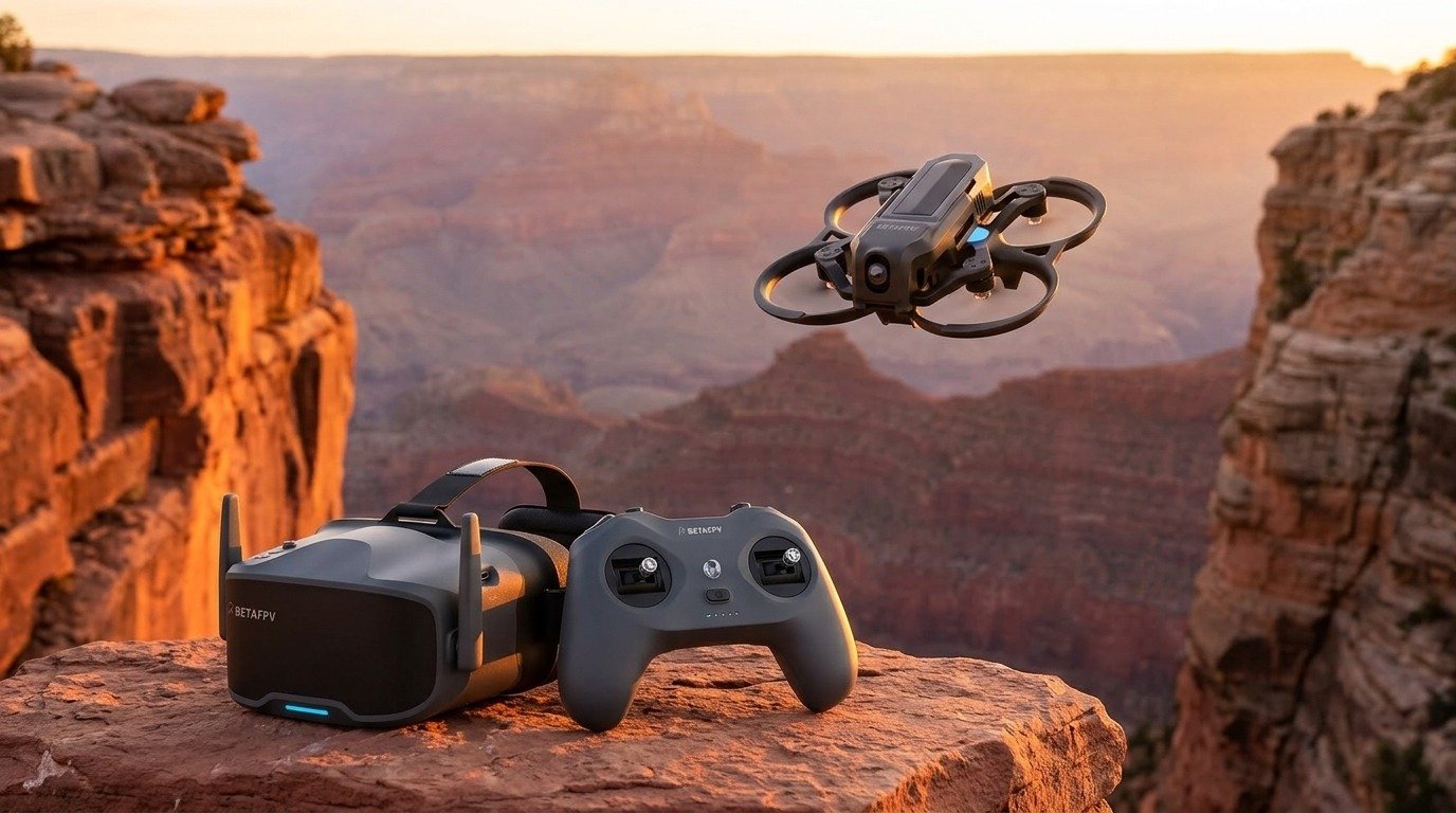 BETAFPV Aquila20 HD FPV Kit in volo tra le rocce del Grand Canyon al tramonto con visore VR04 HD e radiocomando LiteRadio 4 SE