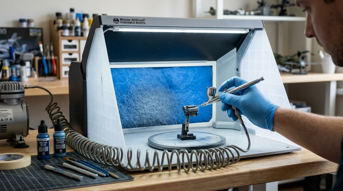 Cabina di verniciatura portatile per aerografia con illuminazione a barre LED e modello su piatto rotante