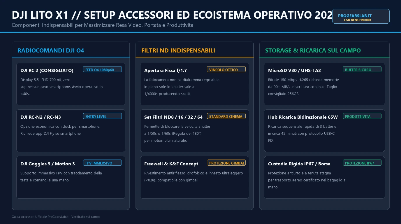Schema riassuntivo compatibilita radiocomandi DJI RC 2 set filtri ND e accessori essenziali per DJI Lito X1