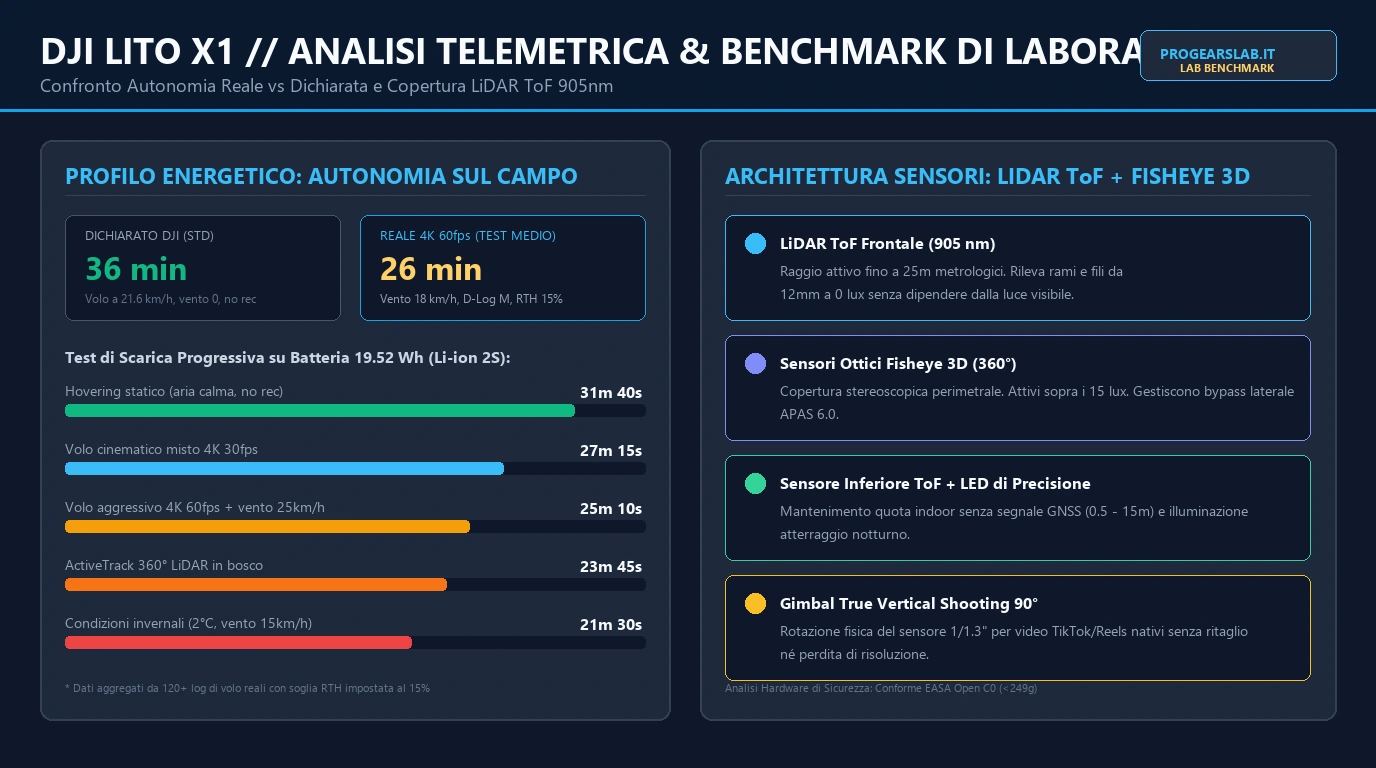 Infografica comparativa autonomia reale sul campo vs dati dichiarati e copertura sensoriale LiDAR ToF per DJI Lito X1