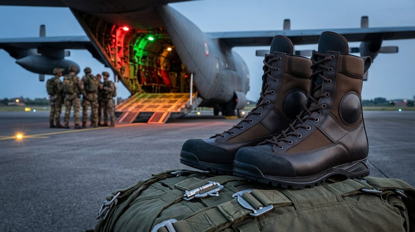Anfibio militare Fratelliditalia in pelle e cordura posato su una sacca da paracadute militare con aereo C-130 sullo sfondo in pista di decollo