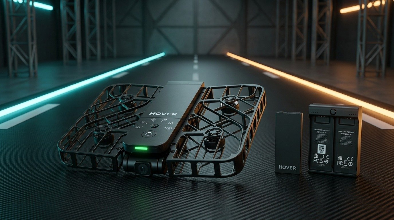 HOVERAir X1 mini drone tascabile auto-volante da 125 grammi con gabbia protettiva, batteria e hub di ricarica in hangar tecnico