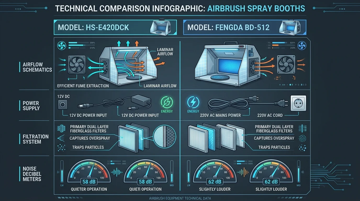 Infografica tecnica comparativa cabine di aspirazione per aerografia: flussi d aria, alimentazione 12V DC vs 220V AC, filtri e fonometria