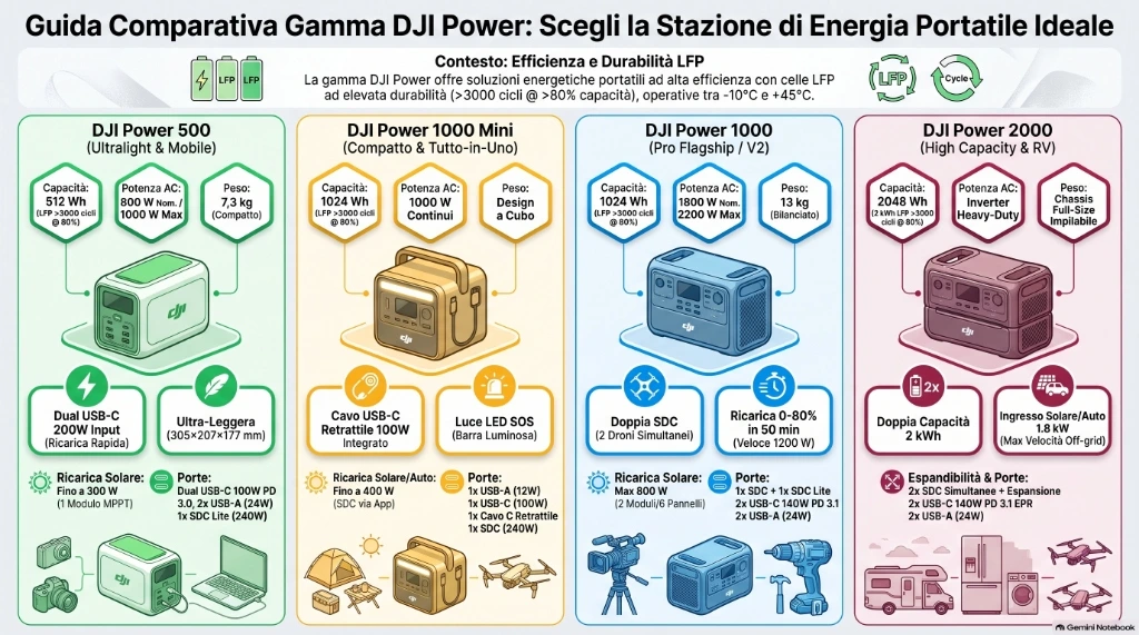 Infografica comparativa gamma DJI Power 500, Power 1000 Mini, Power 1000 e Power 2000