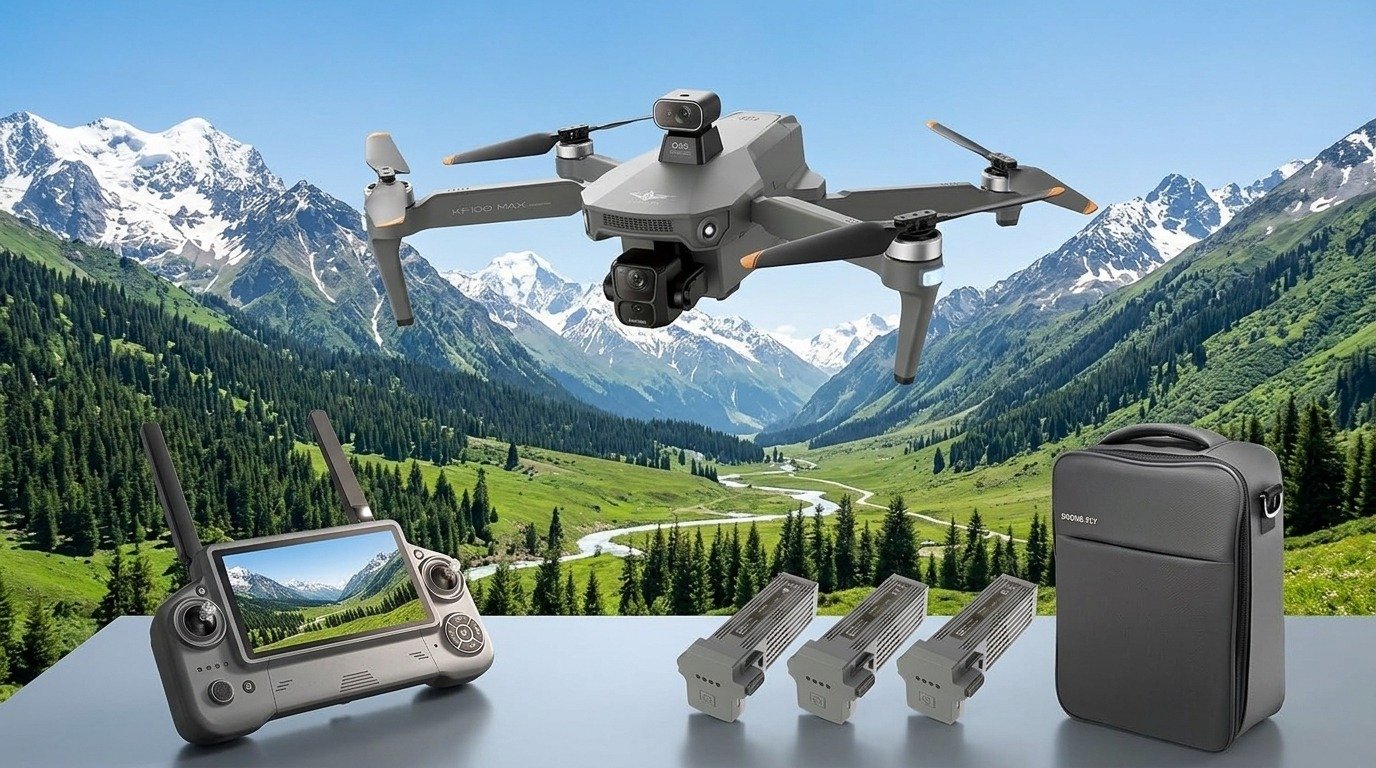 KF100 MAX drone GPS 4K in volo sopra una valle montana alpina con radiocomando dotato di schermo LCD da 5,5 pollici e 3 batterie