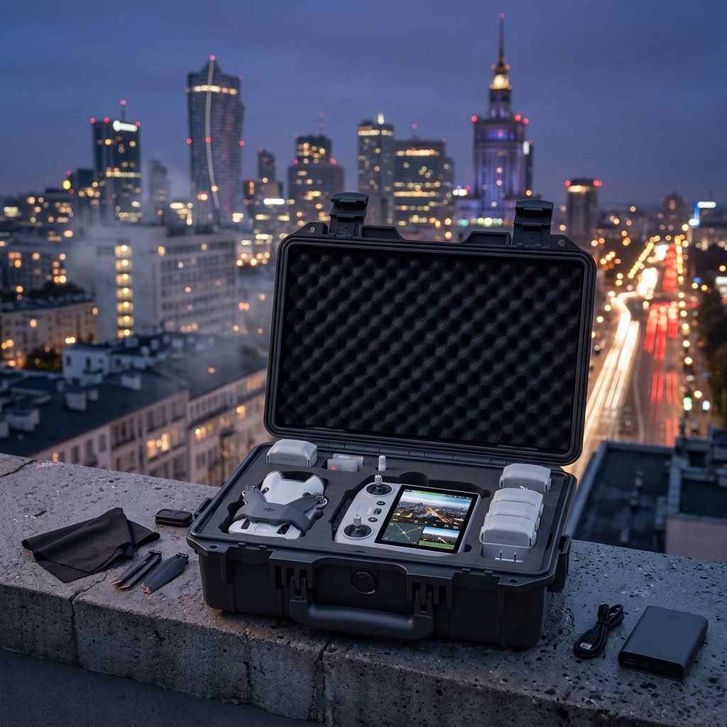 Valigia rigida aperta Lykus Titan MM410 con drone DJI e controller RC2 su terrazza panoramica di una città illuminata di notte