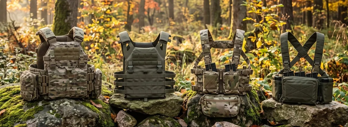 Panoramica e confronto configurazioni gilet tattici da softair: plate carrier con piastre balistiche SAPI dummy e chest rig leggeri su campi di gioco italiani