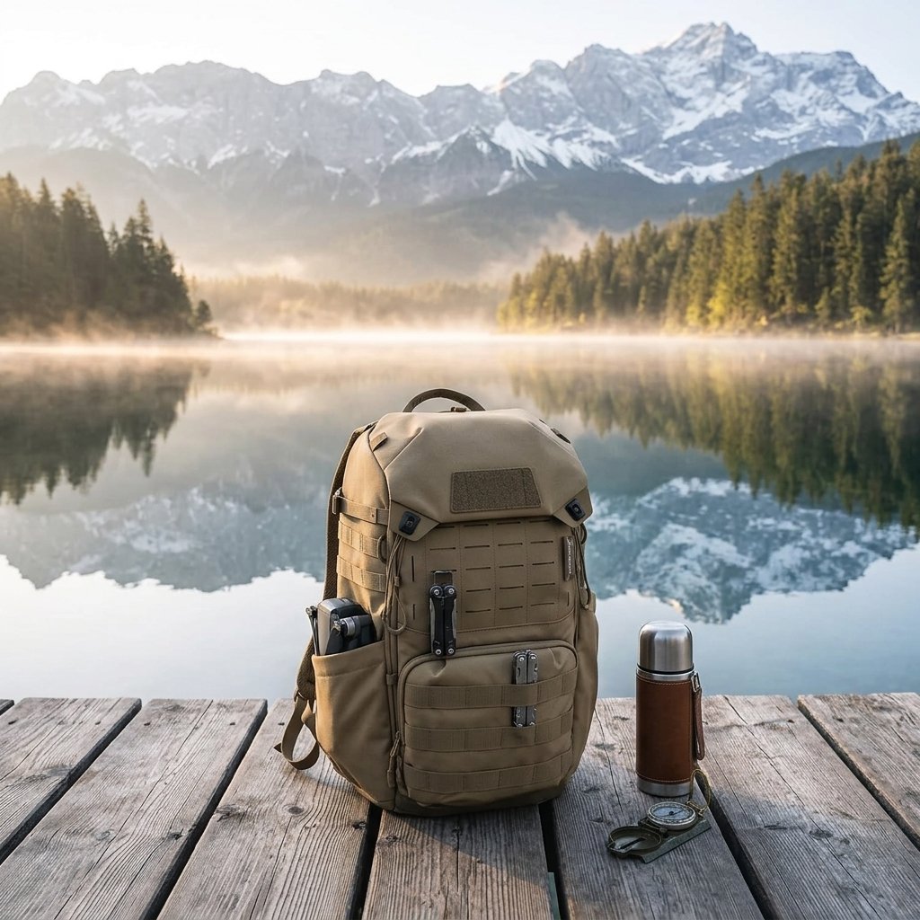 Zaino tecnico PGYTECH OneMo Backpack posizionato su un pontile in legno davanti a un lago alpino circondato da montagne