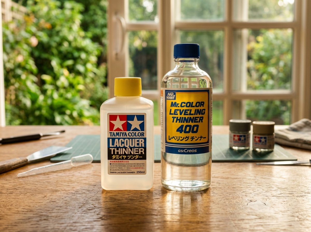 Bottiglia di Tamiya Lacquer Thinner con tappo giallo e Mr Color Leveling Thinner su banco con luce calda
