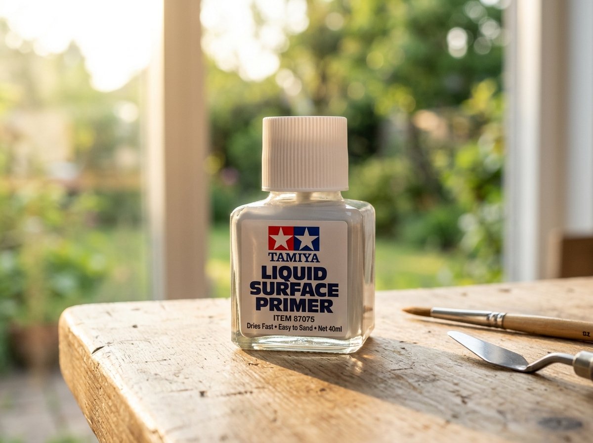 Boccetta in vetro di Tamiya Liquid Surface Primer su banco da lavoro con luce calda dorata e finestra panoramica