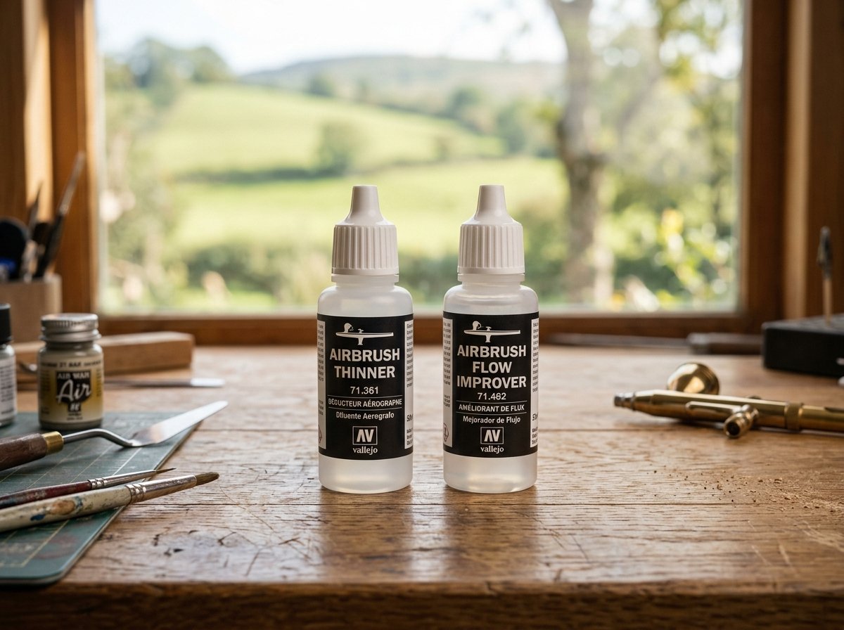 Flaconi di Vallejo Airbrush Thinner e Flow Improver su banco in legno illuminato da luce calda con finestra naturale
