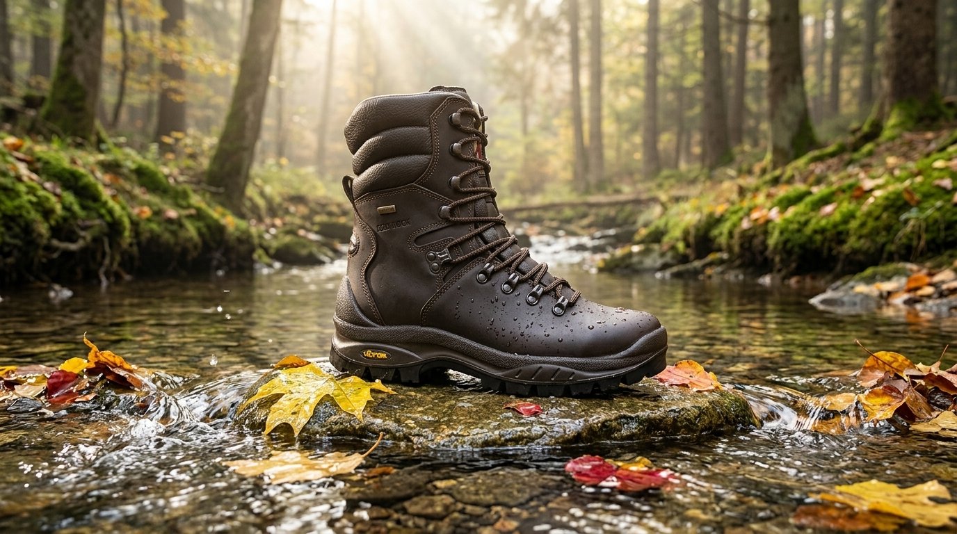 Stivale alto Red Rock Marrone Impermeabile Waterproof posato su una pietra semisommersa in un ruscello boschivo autunnale con acqua corrente