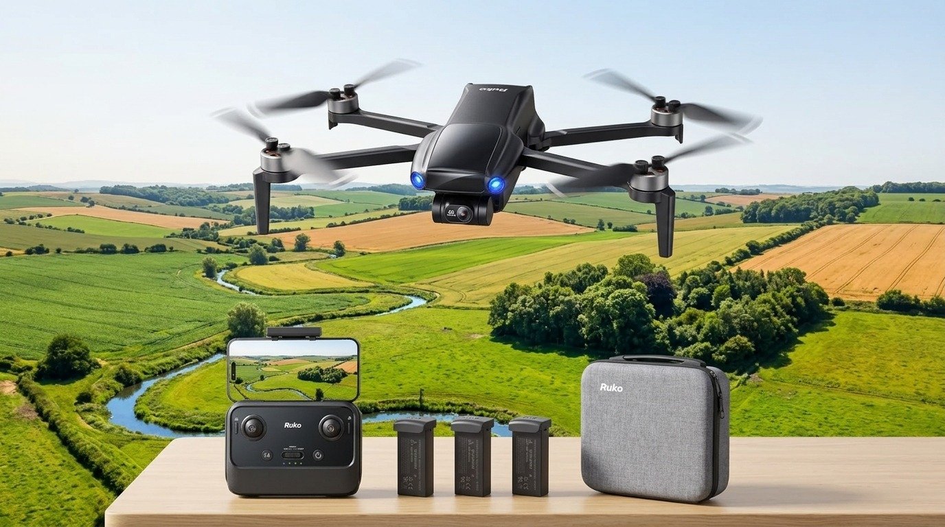 Ruko U11MINI 4K drone pieghevole sotto i 249 grammi in volo su colline coltivate con radiocomando, 3 batterie e custodia