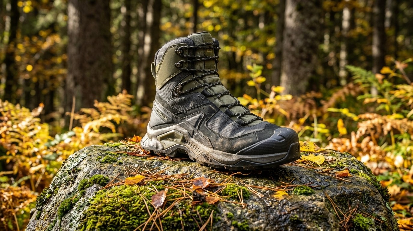 Scarpone Salomon Quest Element Gore-Tex posato su un masso ricoperto di muschio in sottobosco montano autunnale