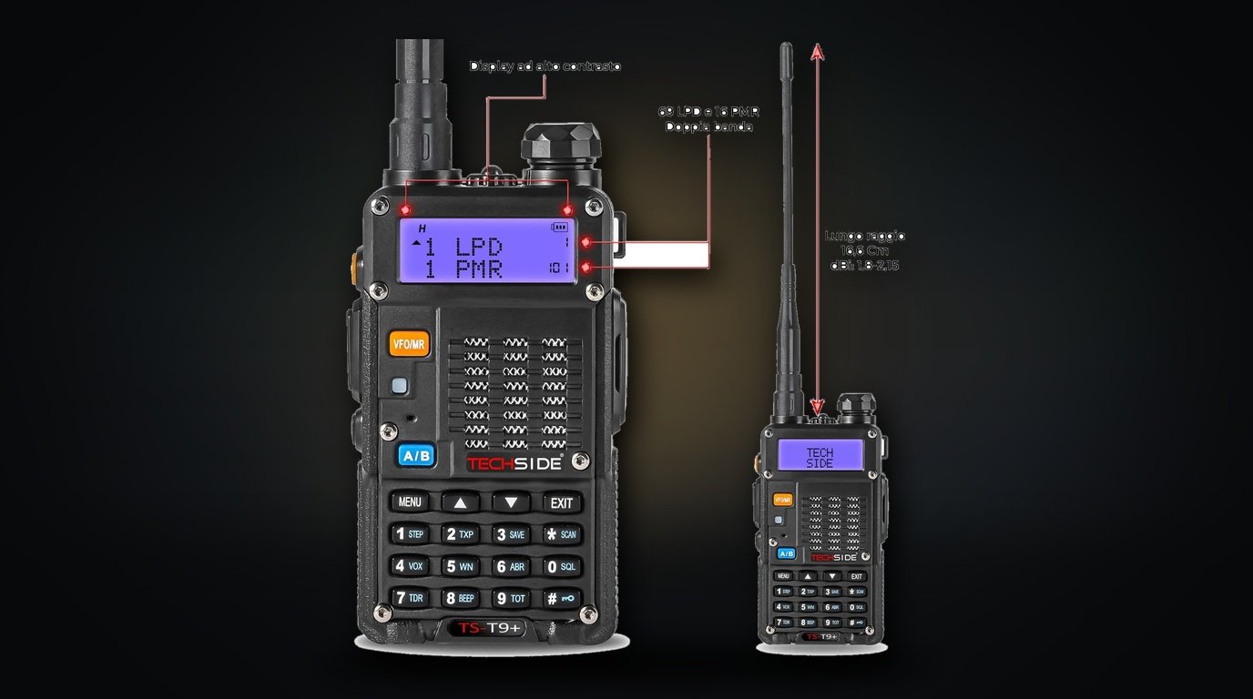 TECHSIDE TS-T9 Plus radio bibanda 8W Tri-Power con canali Midland PMR446 e LPD preinstallati per softair