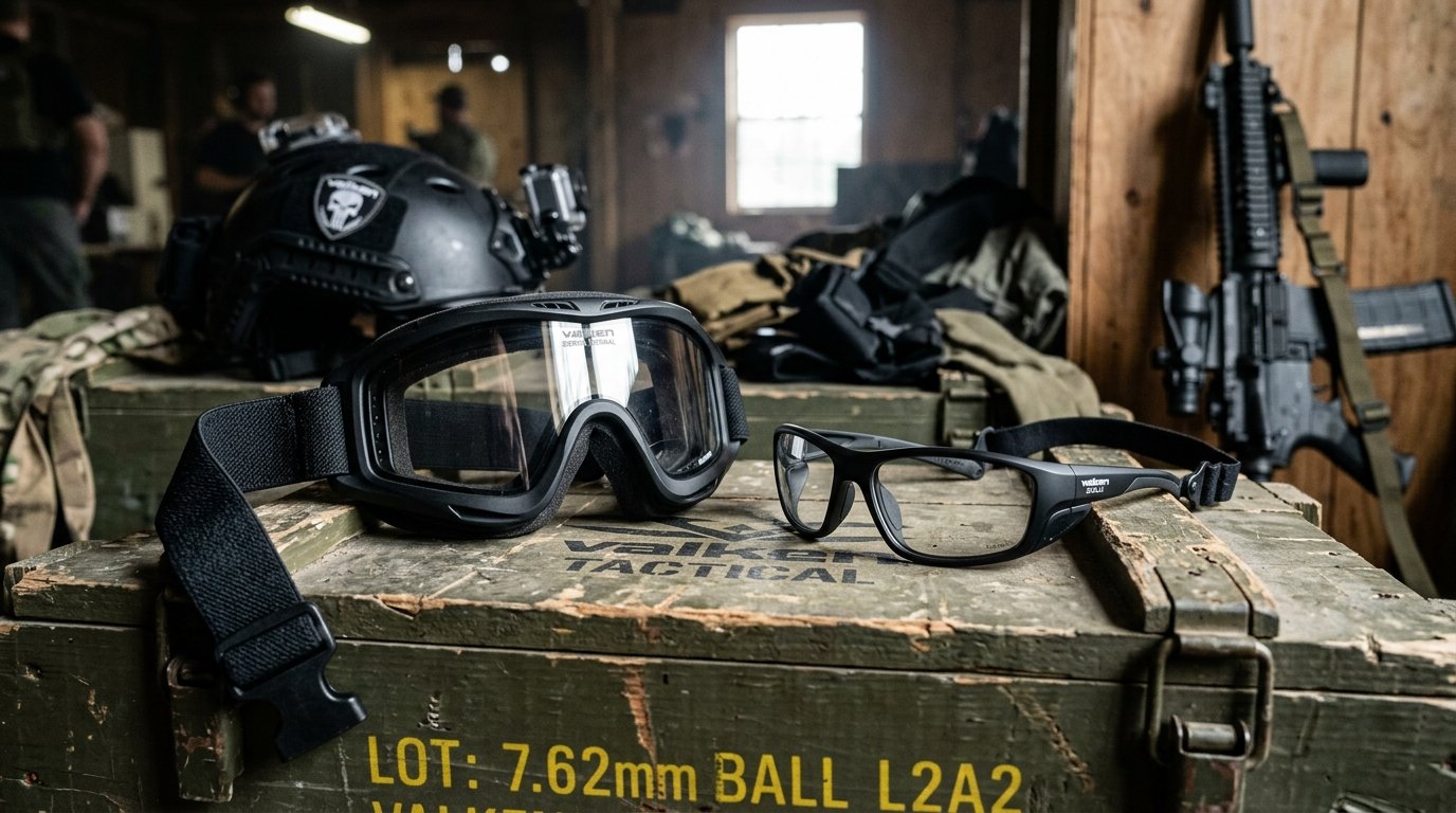 Maschera tattica Valken Sierra Thermal in TPU e occhiale ibrido Valken Zulu con lenti termiche su cassa da campo